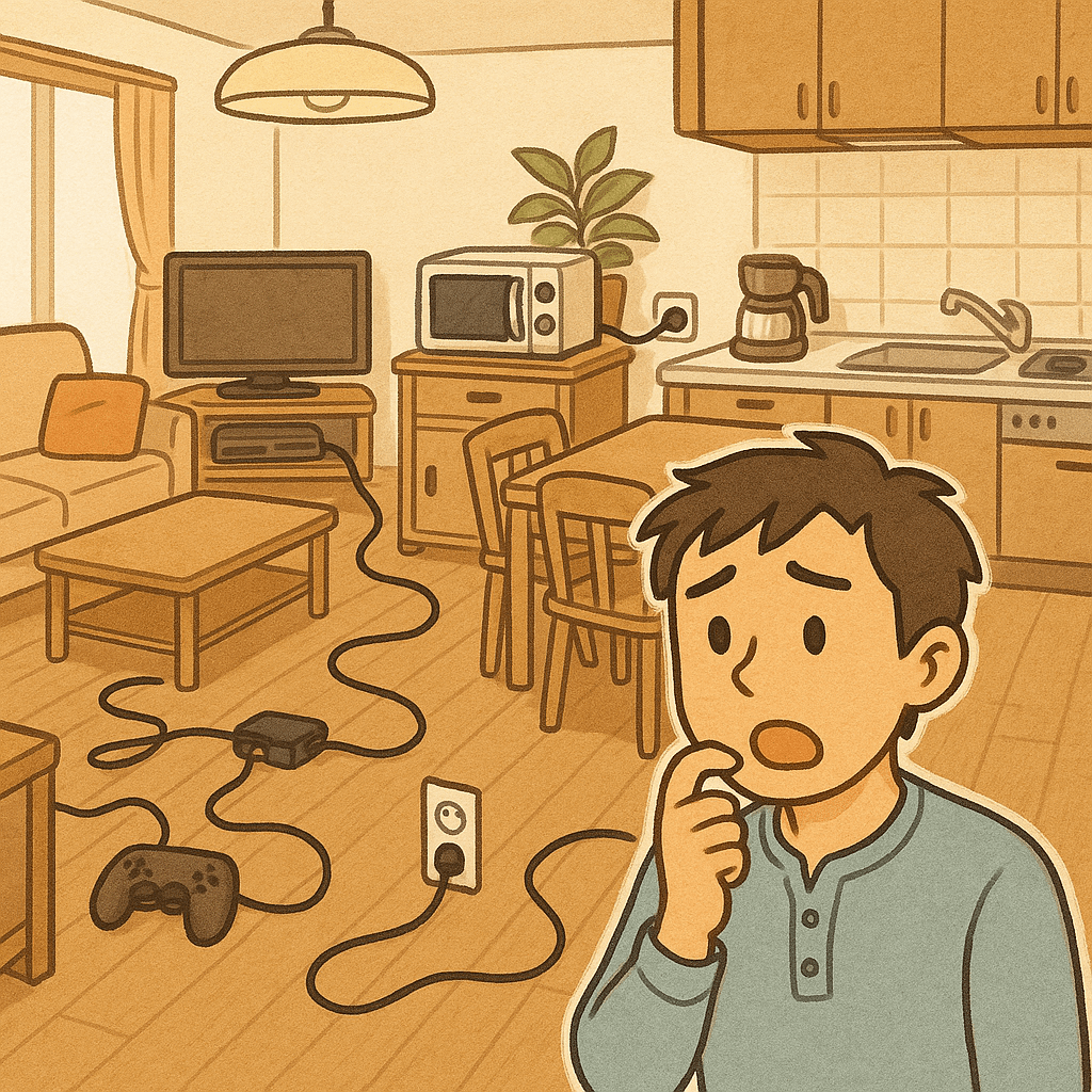 コンセント不足に困る男性のイラスト