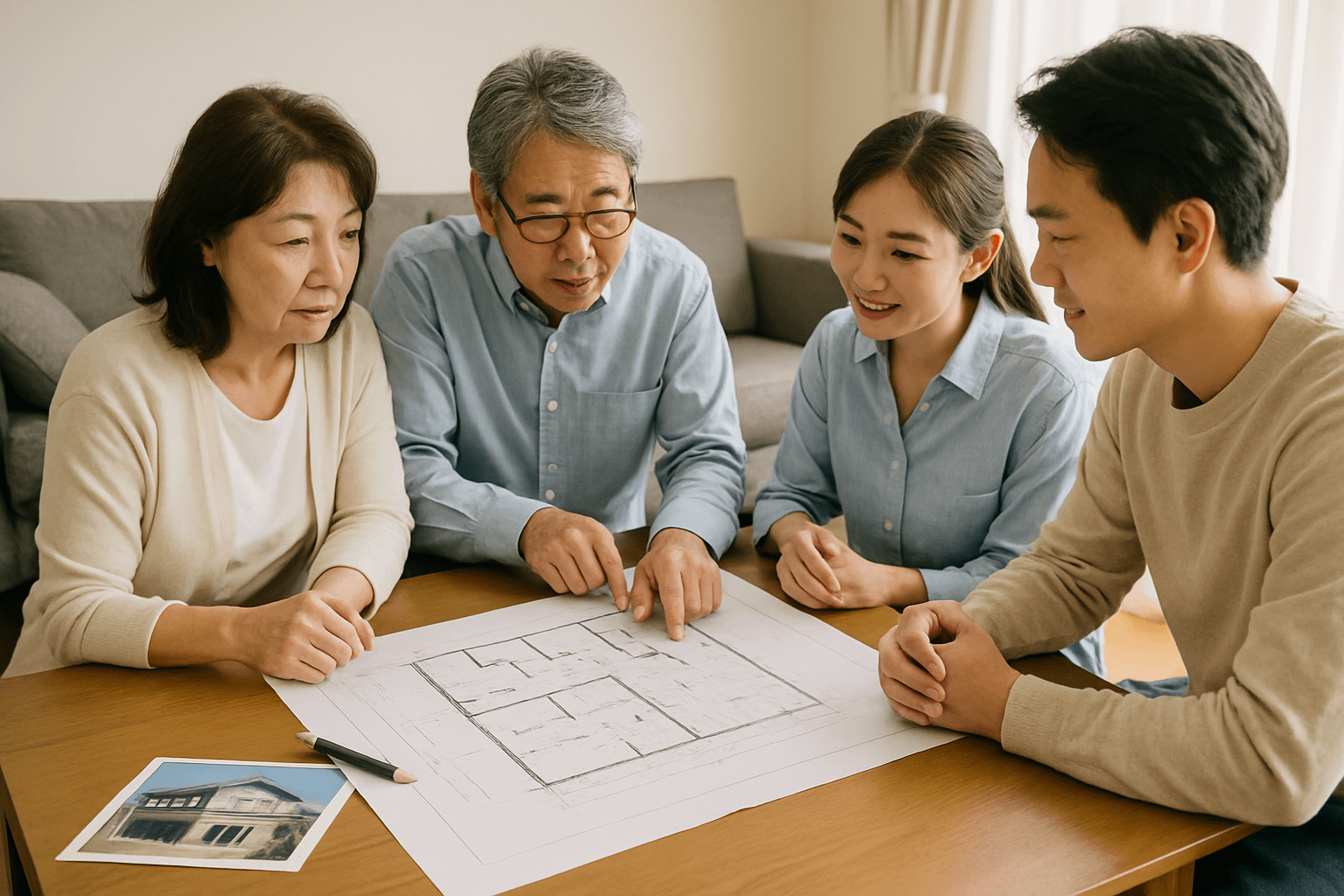 リフォームの相談をしている家族