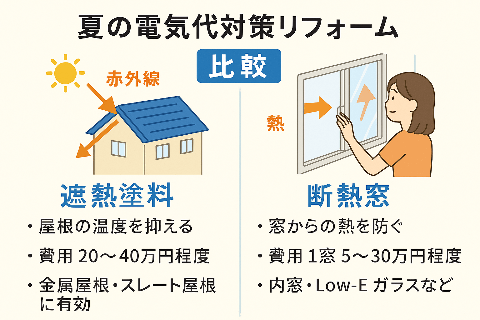 遮熱塗料と断熱窓の違いを比較した図
