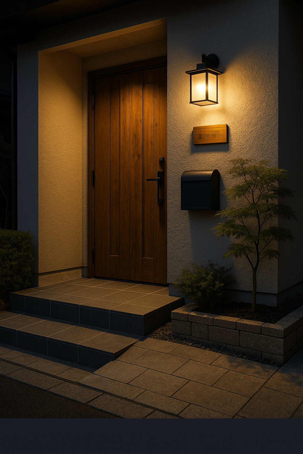 夜間照明が美しい玄関