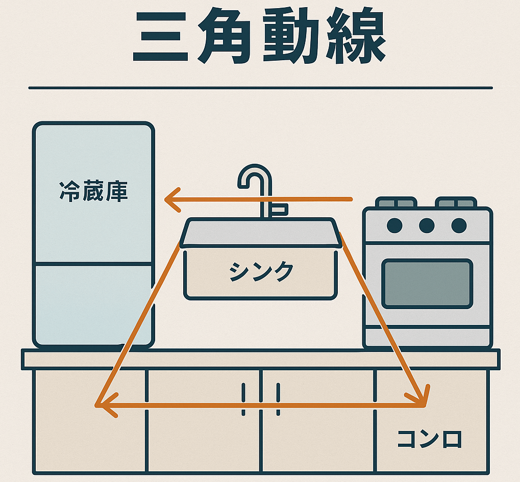 キッチンの三角動線（ゴールデントライアングル）図解
